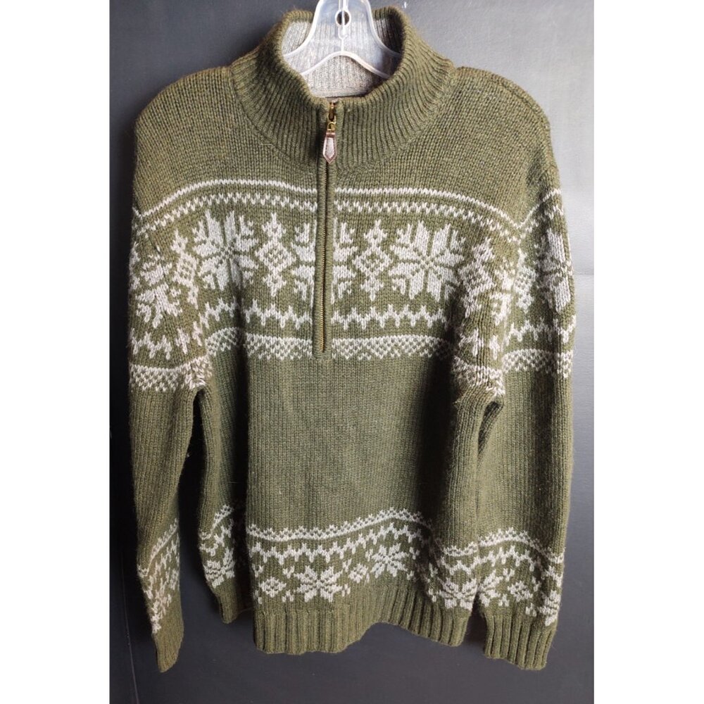 St Johns Bay Wool Blend Nordic Snowflake Quarter Zip Sweater Olive Women’s